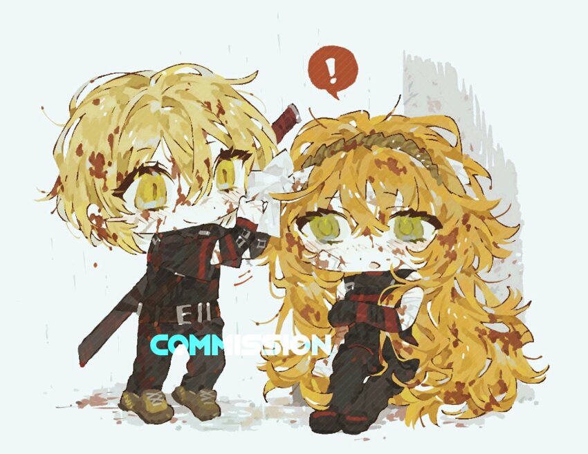 ! 2girls belt black_belt black_footwear black_pants black_shirt blonde_hair blood blood_in_hair boots brown_footwear brown_hairband chibi don_quixote_(project_moon) full_body hairband highres ishmael_(project_moon) limbus_company long_hair meijiichigo messy_hair multiple_girls orange_hair pants project_moon rope shi_association_south_uniform shirt shoes short_sleeves sidelocks speech_bubble very_long_hair yellow_eyes