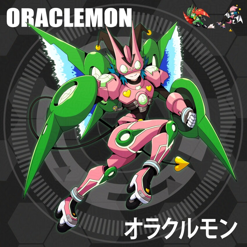 appmon armor bat_wings blue_eyes d_sandy digimon digimon_(creature) energy_wings fusion hat highres looking_at_viewer name_connection navimon_(appmon) navimon_(digimon) oridigi red_eyes roller_skates skates smile tail wheel wings yellow_eyes