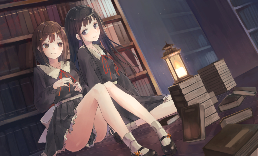 2girls ass black_eyes black_hair blush book bookshelf brown_eyes brown_hair flowers_(innocent_grey) frills highres kobutakurassyu kousaka_mayuri lantern library long_hair mary_janes multiple_girls pleated_skirt ribbon school_uniform shirahane_suou shoes sitting skirt smile socks thighs white_legwear yokozuwari yuri