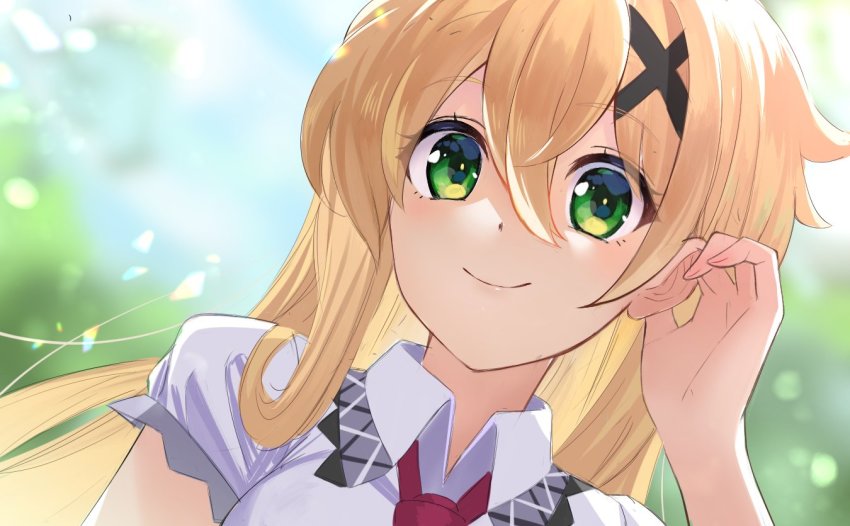 1girl adjusting_hair akatsuki_kirika alternate_hair_length alternate_hairstyle blonde_hair blurry blurry_background closed_mouth collared_shirt day green_eyes hair_between_eyes hair_ornament long_hair necktie nyanmaru outdoors portrait red_necktie senki_zesshou_symphogear shirt smile solo very_long_hair white_shirt wing_collar x_hair_ornament