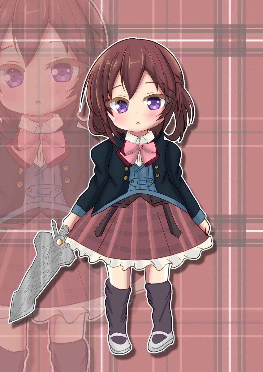 1girl absurdres aged_down arms_at_sides assault_lily black_jacket black_thighhighs blush bow bowtie braid brown_background brown_hair brown_skirt child collared_shirt commentary ebisu_nobu full_body grey_shoes half_up_braid highres holding holding_sword holding_weapon jacket juliet_sleeves long_sleeves looking_at_viewer ludvico_private_girls&#039;_academy_school_uniform mary_janes miniskirt outline parted_lips pink_bow pink_bowtie plaid_background plaid_clothes plaid_skirt puffy_sleeves purple_eyes school_uniform shirt shoes short_hair skirt solo standing sword takatori_natalie_towa thighhighs weapon white_outline white_shirt zoom_layer