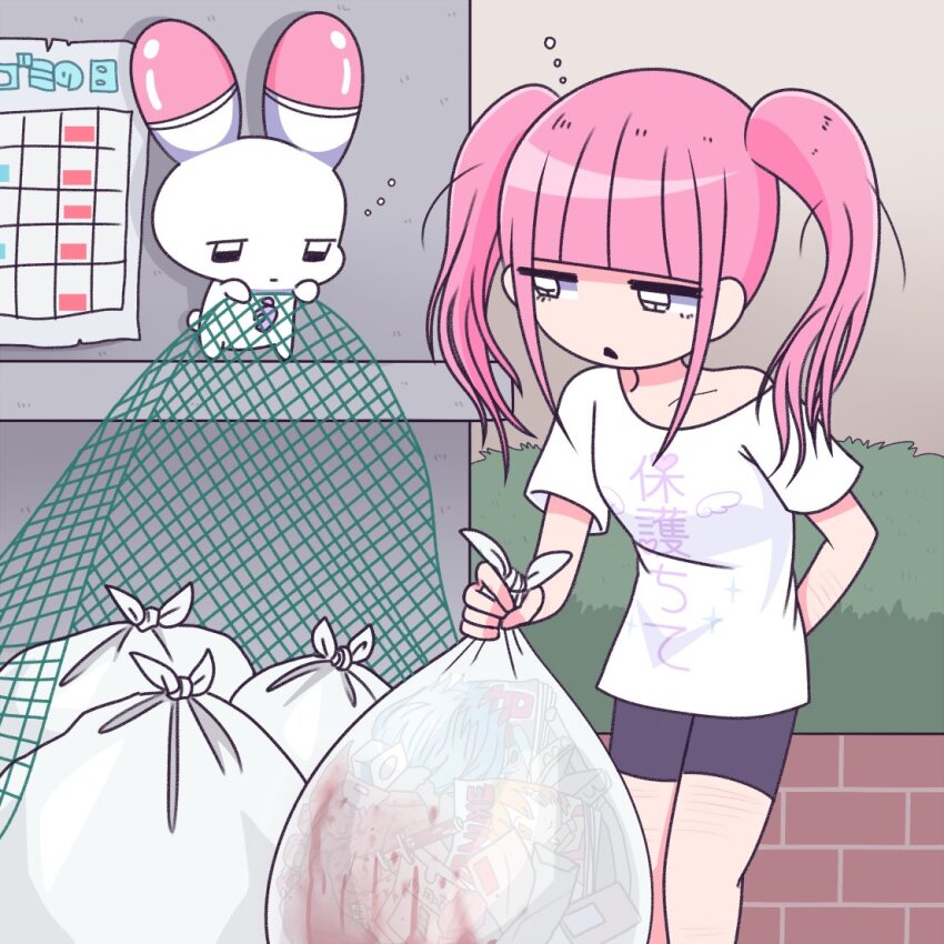 1girl animal arm_behind_back bag black_eyes black_shorts blood blood_stain blunt_bangs brick_wall bush collarbone ezaki_bisuko holding holding_bag menhera-chan_(ezaki_bisuko) menhera-chan_(ezaki_bisuko)_(character) messy_hair net open_mouth pink_hair print_shirt rabbit self-harm_scar shirt short_twintails shorts sidelocks solo trash_bag triangle twintails usatan_(ezaki_bisuko) white_shirt