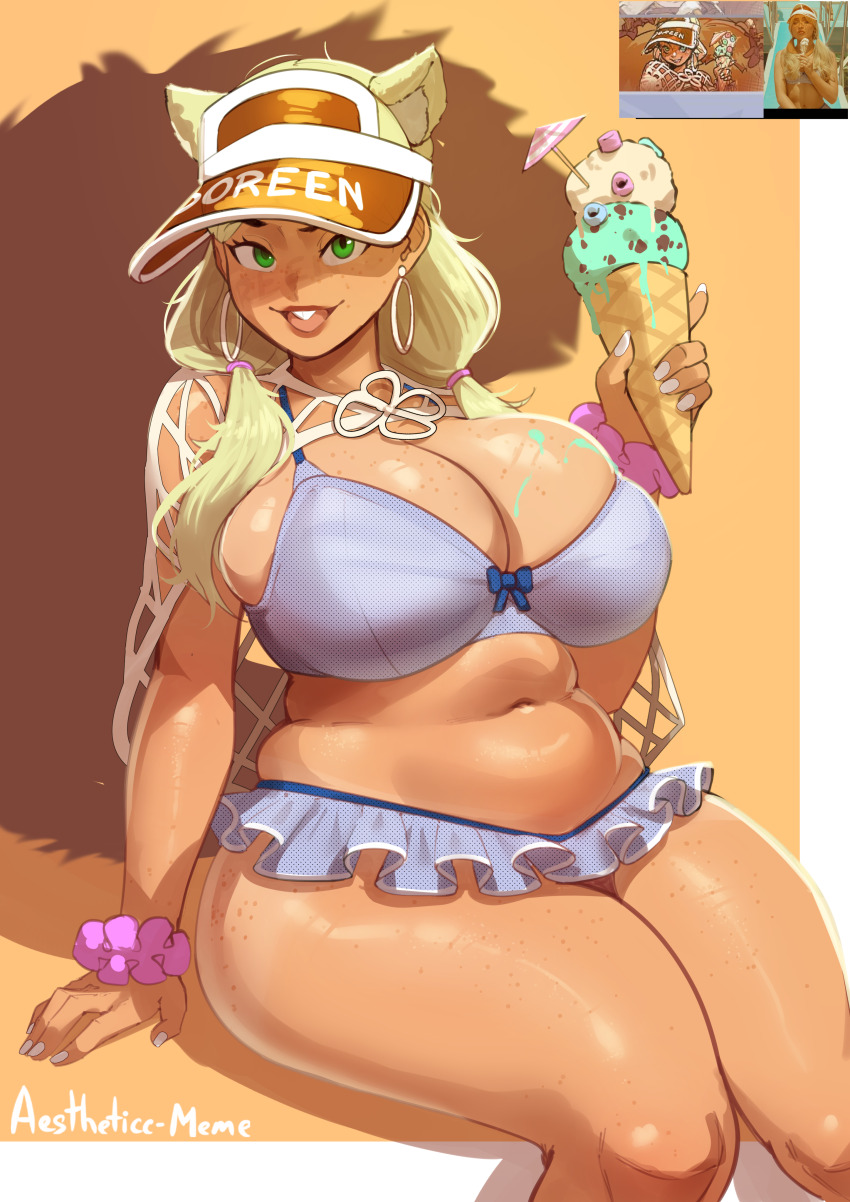 1girl absurdres aestheticc-meme alternate_hair_color alternate_hair_length alternate_hairstyle animal_ears bikini bikini_skirt blonde_hair breasts earrings extra_ears food freckles freckles_on_breasts frilled_bikini frills green_eyes highres holding holding_food holding_ice_cream hoop_earrings huge_breasts ice_cream ice_cream_cone jewelry marvel marvel_rivals muffin_top navel plump real_life_insert reference_inset squirrel_ears squirrel_girl squirrel_girl_(marvel) squirrel_girl_(sunshine_squirrel)_(marvel) squirrel_tail swimsuit tail tan thick_thighs thighs