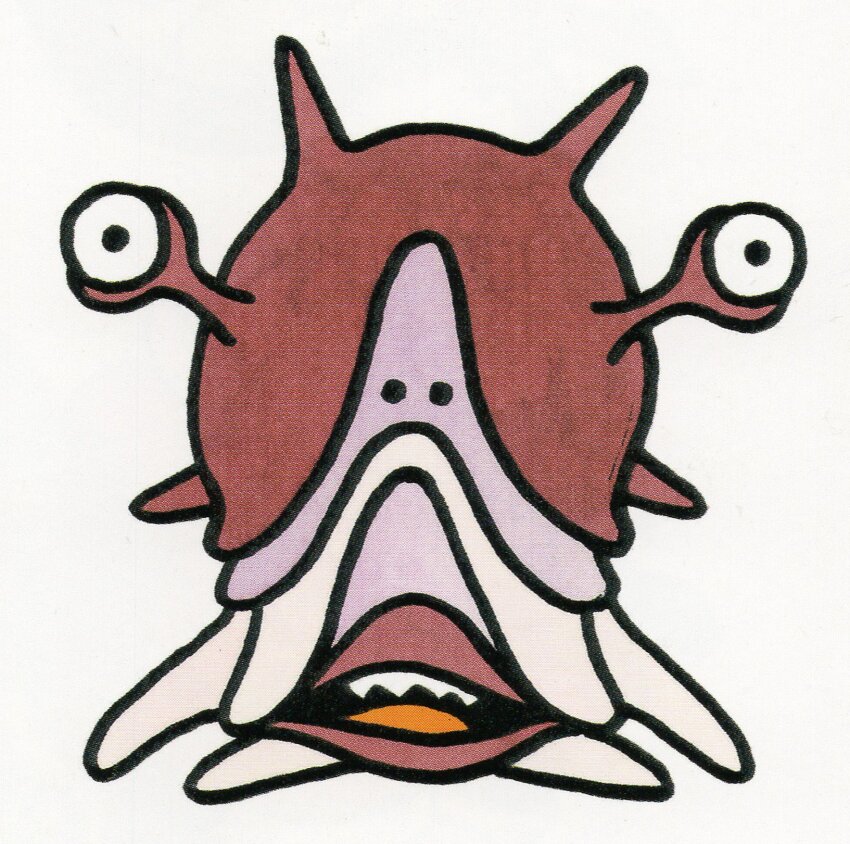 1980s_(style) colored_tongue creature creature_focus dragon_quest drohl_drone full_body highres monster monster_focus no_humans official_art oldschool open_mouth orange_tongue retro_artstyle scan sharp_teeth spikes teeth third-party_source toriyama_akira