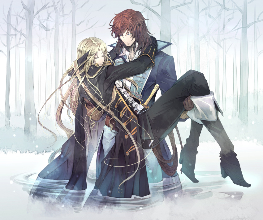 2boys alucard_(castlevania) arm_around_neck ascot bare_tree black_coat black_footwear black_gloves black_pants blonde_hair blue_coat brown_gloves brown_hair carrying castlevania_(series) coat collared_coat collared_shirt commentary_request fog forest frock_coat gloves highres hilt kariya_(mizore) light_particles looking_at_another looking_down male_focus multiple_boys nature pants princess_carry richter_belmont shirt super_castlevania_iv tree wading water whip white_shirt