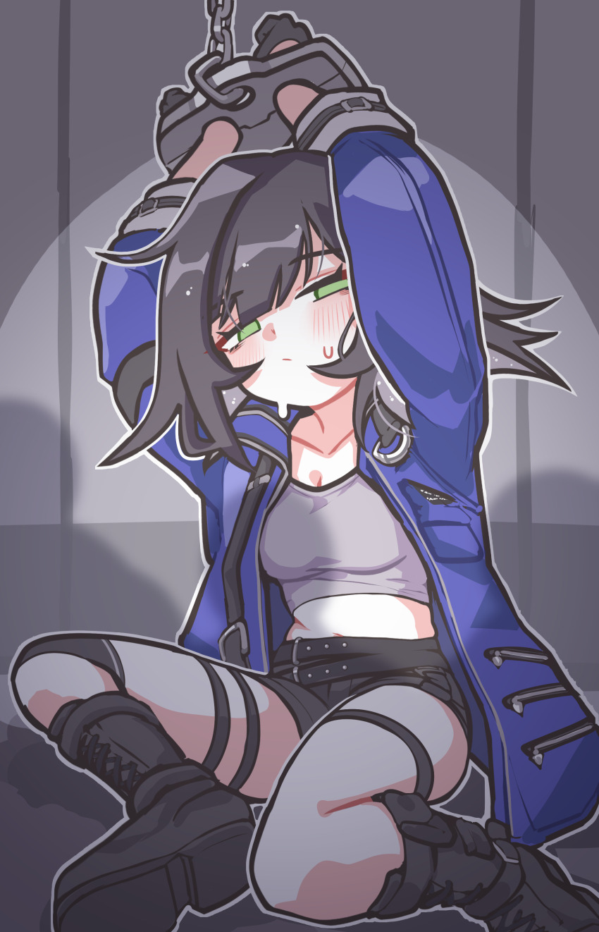 1girl abigail_(black_survival) absurdres arms_up belt black_boots black_gloves black_hair black_shorts black_survival blue_jacket blush boots bound bound_wrists breasts chain cleavage closed_mouth collarbone crop_top cuffs eternal_return:_black_survival full_body gloves green_eyes grey_shirt handcuffs highres jacket lace-up_boots long_sleeves looking_at_viewer medium_breasts medium_hair midriff navel open_clothes open_jacket outline restrained shackles shadow shirt shoeguy short_shorts shorts sitting solo sweat sweatdrop tank_top thigh_strap