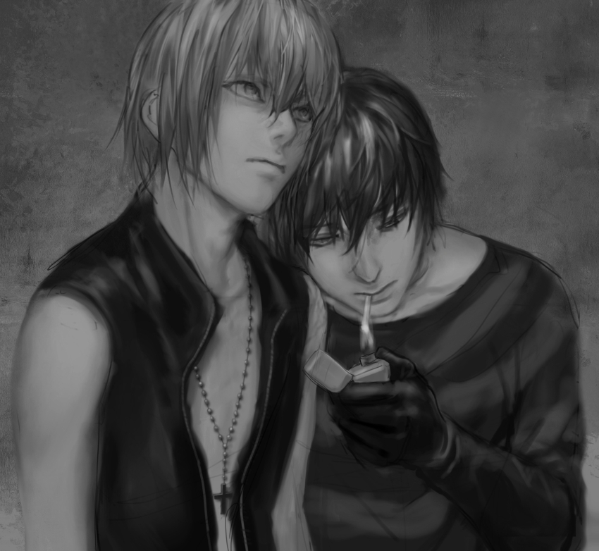 2boys arm_up chinese_commentary cigarette closed_mouth collarbone commentary_request crew_neck cross cross_necklace death_note fire gloves grey_background greyscale hair_between_eyes head_on_another&#039;s_shoulder highres holding holding_lighter jacket jewelry lighter looking_down looking_up lyinglynx male_focus matt_(death_note) mello_(death_note) monochrome multiple_boys necklace open_clothes open_jacket shirt short_hair sleeveless sleeveless_jacket striped_clothes striped_shirt upper_body