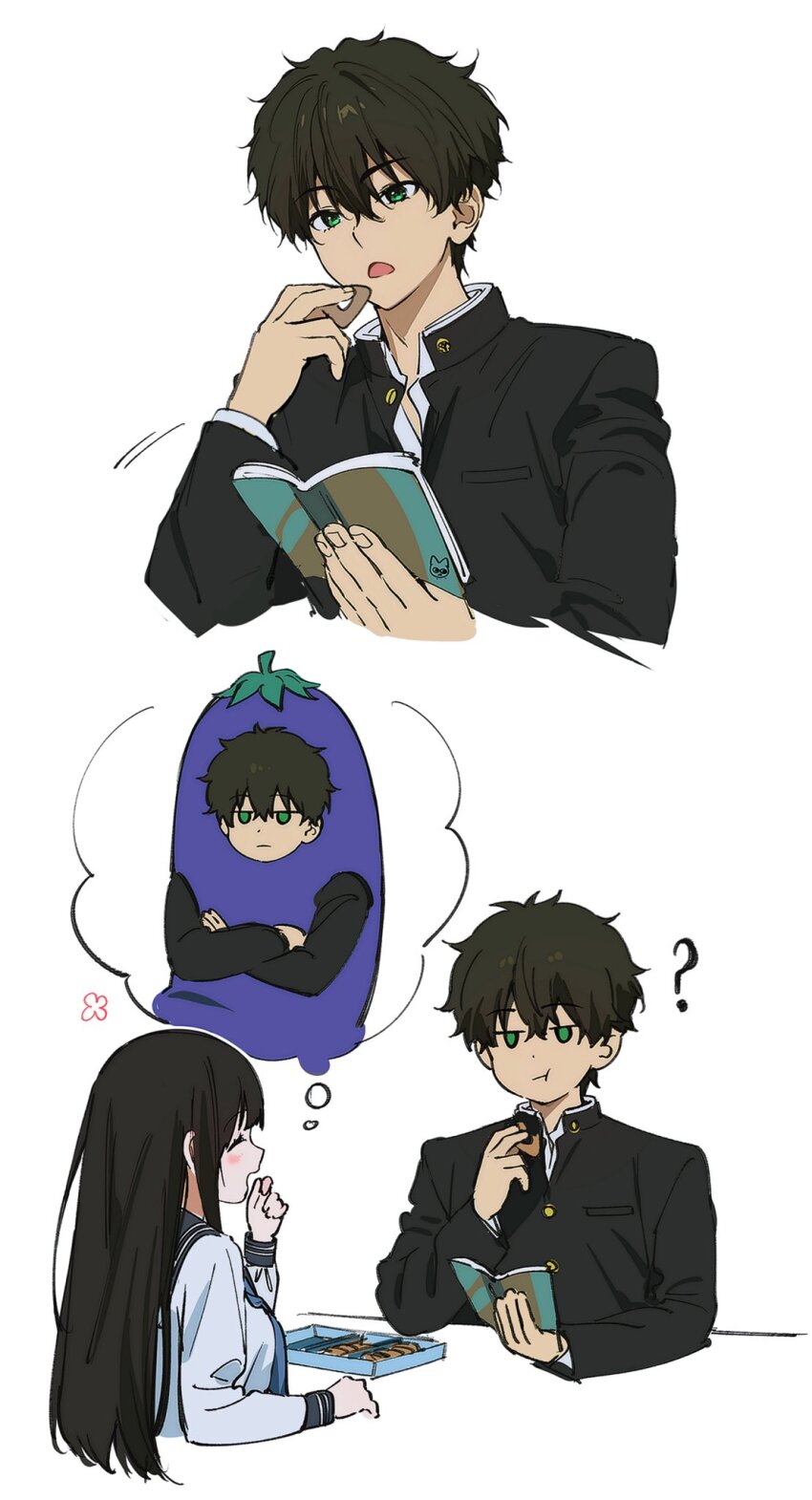1boy 1girl ? artist_logo black_hair blush breasts brown_hair chitanda_eru costume eating green_eyes highres hyouka imagining kamiyama_high_school_uniform_(hyouka) laughing logo long_hair long_sleeves mery_(yangmalgage) open_mouth oreki_houtarou sailor_collar school_uniform shirt short_hair simple_background smile speech_bubble thought_bubble white_background white_shirt