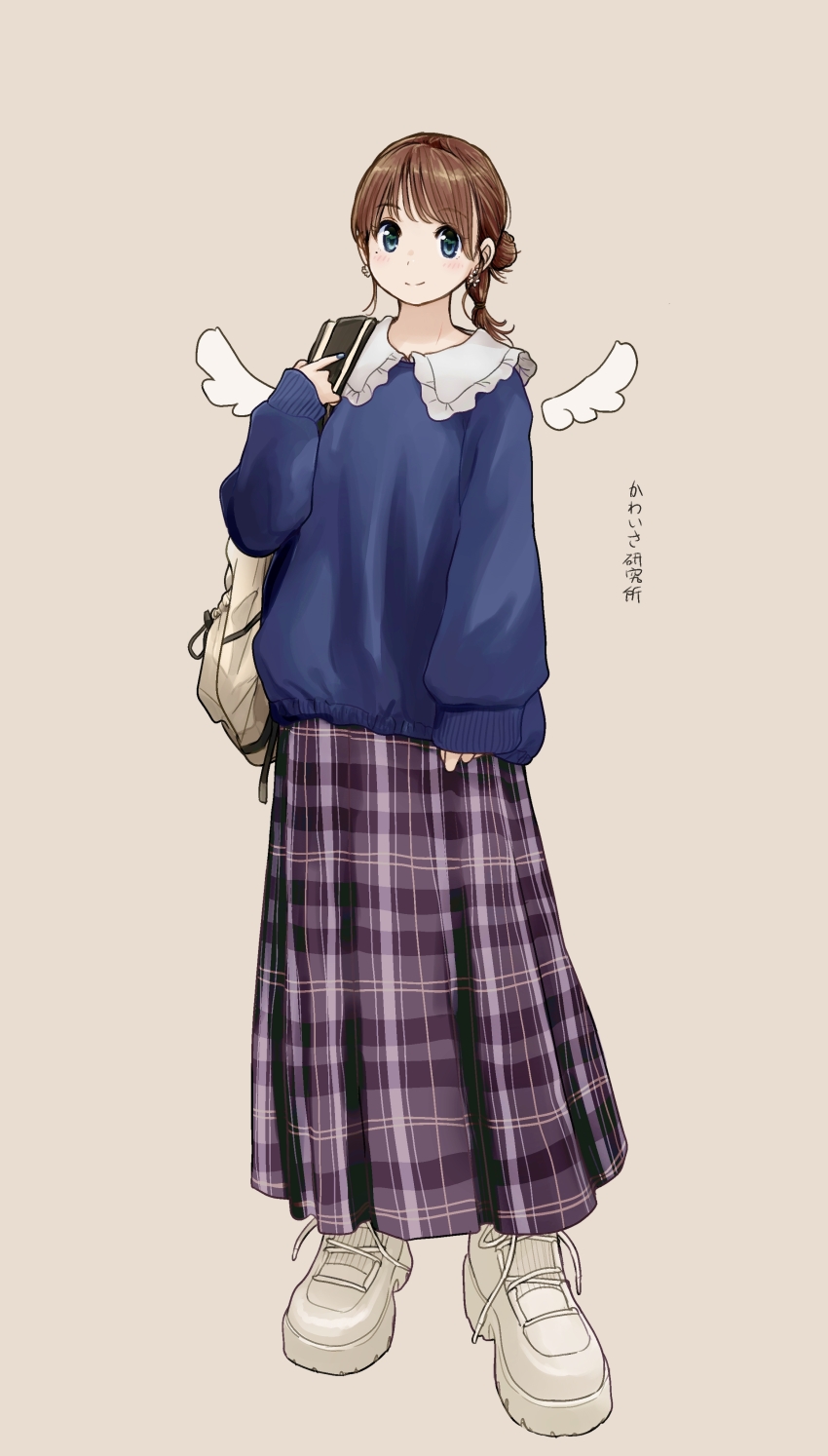 1girl absurdres azumaya_toushirou backpack bag blue_eyes brown_hair commentary_request detached_wings earrings frilled_shirt_collar frills full_body hair_bun highres jewelry long_hair long_skirt long_sleeves looking_at_viewer original plaid_clothes plaid_skirt pleated_skirt shoes single_hair_bun skirt sleeves_past_wrists smile sneakers solo translation_request wings