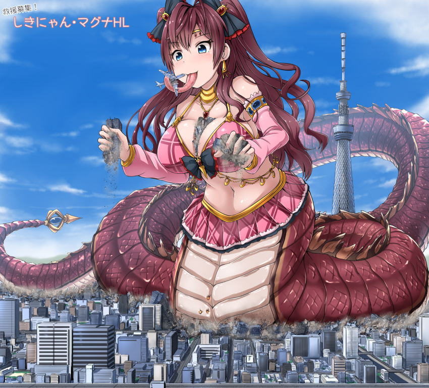 1girl :3 aircraft airplane bare_shoulders between_breasts bikini blue_eyes breast_crush breasts building city cleavage cloud destruction detached_sleeves dust_cloud earrings female_focus giant giantess hand_crush highres ichinose_shiki idolmaster idolmaster_cinderella_girls japan jewelry kaiju lamia large_breasts long_tongue medium_breasts microskirt monster_girl naughty_face pink_skirt pink_sleeves pleated_skirt red_hair ribbon skirt sky solo sumida_(tokyo) swimsuit terada_ochiko tokyo tokyo_(city) tokyo_skytree tongue wavy_hair
