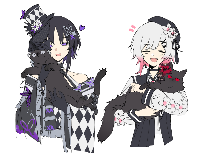 2girls :d animal animalization annoyed bare_shoulders beret black_cat black_gloves black_hair black_hat butterfly_hair_ornament cat closed_eyes fang gloves gradient_hair grey_eyes hair_ornament hat highres holding holding_animal holding_cat housho_margo japanese_clothes kurobe_nanoka lolita_fashion long_sleeves mahou_shoujo_no_majo_saiban multicolored_hair multiple_girls nikaido_hiro notice_lines open_mouth parted_bangs pink_hair purple_eyes red_eyes sakuraba_ema short_hair simple_background smile top_hat upper_body wa_lolita white_background white_hair wuubaiwan x_hair_ornament