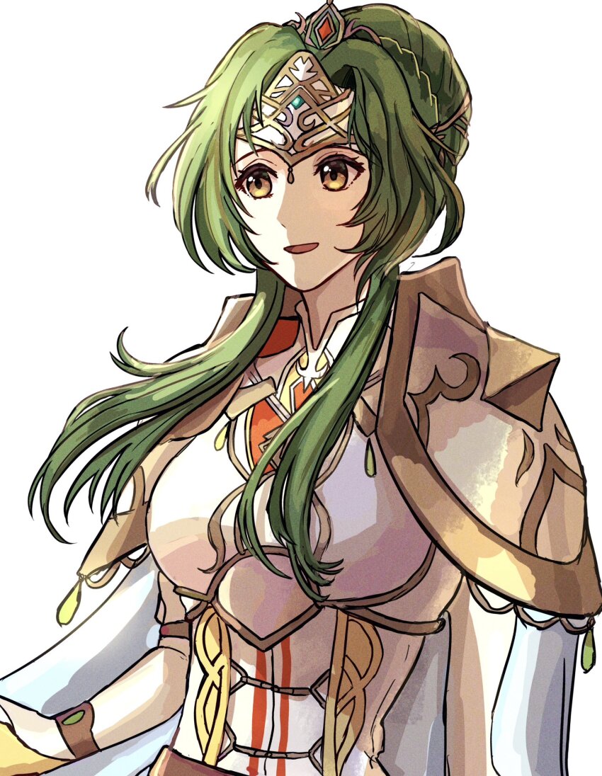 1girl armor breastplate brown_eyes commentary_request elincia_ridell_crimea elincia_ridell_crimea_(undaunted_queen) eyelashes fire_emblem fire_emblem:_radiant_dawn gem green_gemstone green_hair highres long_hair nintendo open_mouth parted_lips shidanna1227 shoulder_armor simple_background smile solo tiara upper_body white_background