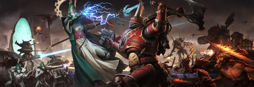 adeptus_astartes armor axe battle battle_axe bolter cape casting_spell chainsword chaos_(warhammer) chaos_space_marine darren_tan demon eldar energy_cannon fire flaming_sword flaming_weapon full_armor green_cape highres holding holding_axe holding_bolter holding_polearm holding_sword holding_weapon hover_vehicle mecha official_art polearm portal_(object) robot scenery spacecraft sword warhammer_40k warhammer_40k:_conquest weapon