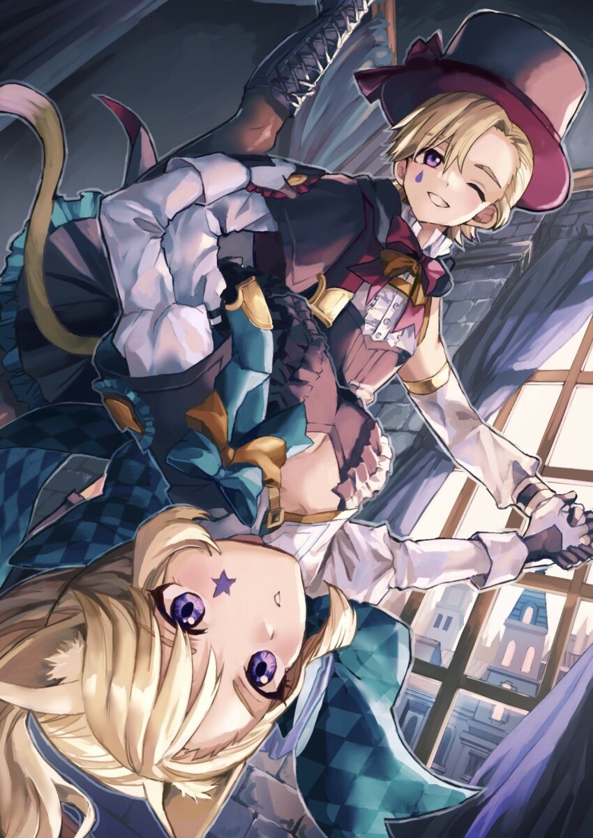 1boy 1girl animal_ears aqua_bow black_boots black_gloves black_hat black_pantyhose blonde_hair boots bow breasts brother_and_sister cat_ears cat_girl cat_tail checkered_clothes cleavage commentary_request corset curtains dancing from_below genshin_impact gloves hat highres holding_hands indoors juliet_sleeves knee_boots leg_up long_hair long_sleeves looking_at_viewer lynette_(genshin_impact) lyney_(genshin_impact) medium_breasts multicolored_gloves multicolored_hat one_eye_closed pantyhose parted_lips puffy_sleeves purple_eyes red_bow red_hat short_hair siblings star_on_cheek tabbynyaaan tail teardrop_facial_mark top_hat twins white_gloves window yellow_bow
