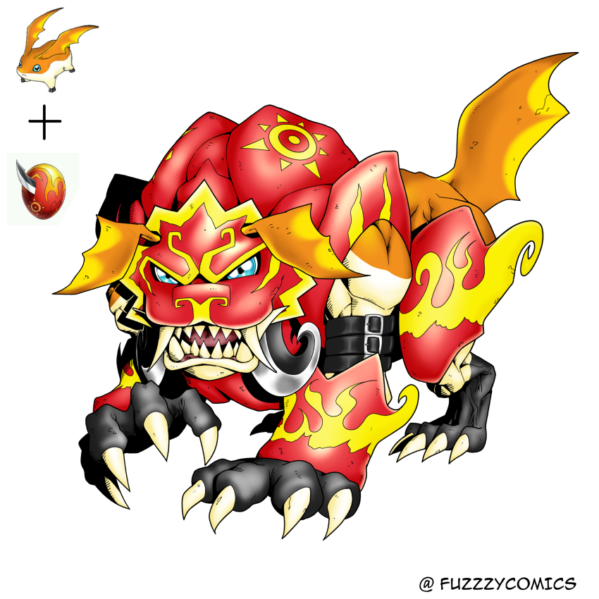armor baromon blue_eyes claws colored_skin crests_(digimon) digimental digimental_of_courage digimon digimon_(creature) fuzzzycomics highres looking_at_viewer orange_skin oridigi original patamon sharp_teeth teeth twitter_username