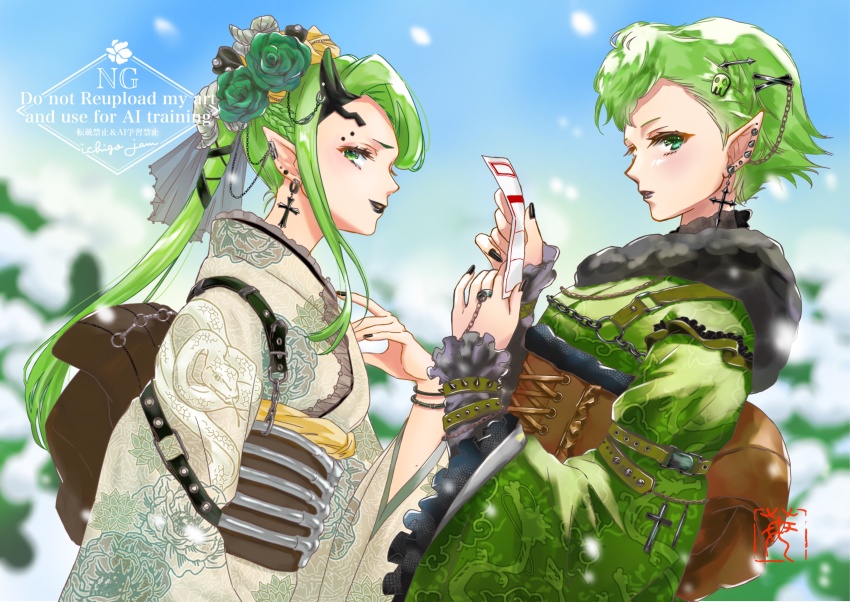 2025 2girls absurdres black_lips breasts chinese_zodiac earrings green_eyes green_hair green_kimono hair_behind_ear hair_ornament happy_new_year highres horns ichigo_jam japanese_clothes jewelry kimono long_hair looking_at_viewer macross macross_delta macross_delta:_zettai_live!!!!!! multiple_girls new_year obi pointy_ears ponytail reina_prowler sash short_hair single_horn smile snow walkure_(macross_delta) white_kimono wide_sleeves yami_q_ray yami_reina year_of_the_snake yukata