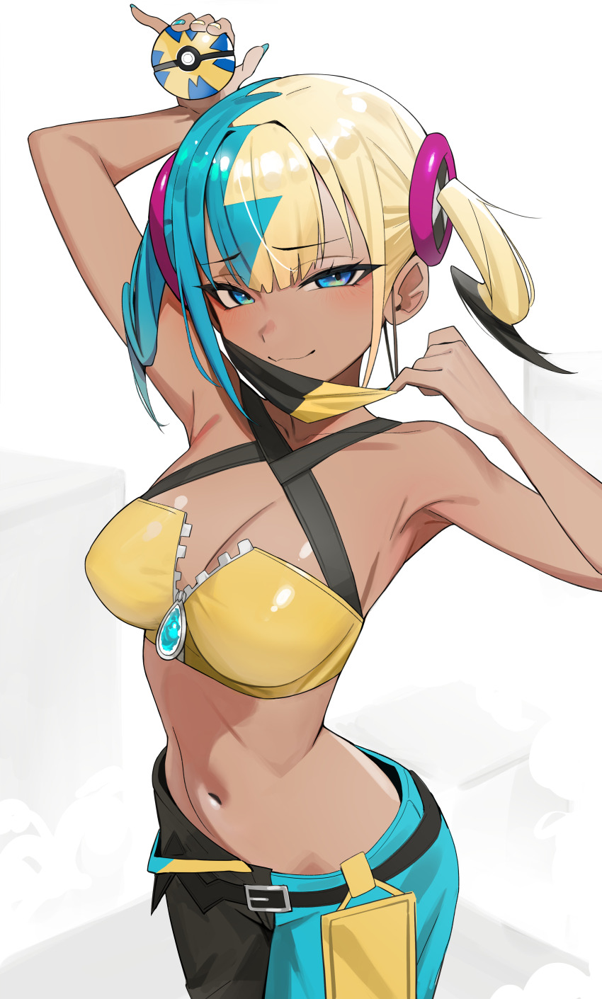 1girl absurdres aqua_hair armpits arms_up bare_shoulders black_mask blonde_hair blue_eyes blush breasts canari_(pokemon) center-flap_bangs cleavage closed_mouth collarbone commentary criss-cross_straps english_commentary highres holding holding_poke_ball kiritzugu large_breasts looking_at_viewer mask mask_pull multicolored_hair navel nintendo pants partially_unzipped poke_ball pokemon pokemon_legends:_z-a quick_ball short_twintails smile solo split-color_hair sports_bra twintails two-tone_hair two-tone_mask yellow_mask yellow_sports_bra