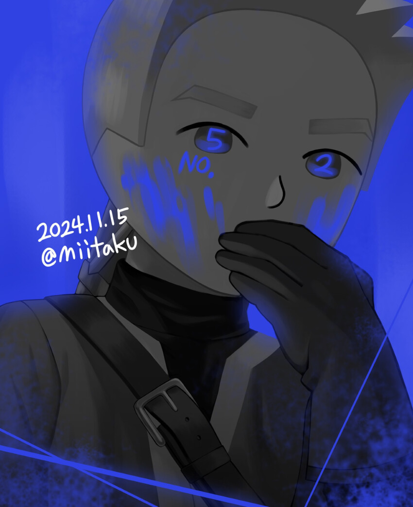 1boy belt blue_background blue_eyes covered_mouth gloves glowing glowing_eyes greyscale highres looking_at_viewer mii_(nintendo) mii_swordfighter mii_swordfighter_(smash_ultimate) miitaku monochrome nintendo number_tattoo numbered sword tattoo thick_eyebrows weapon