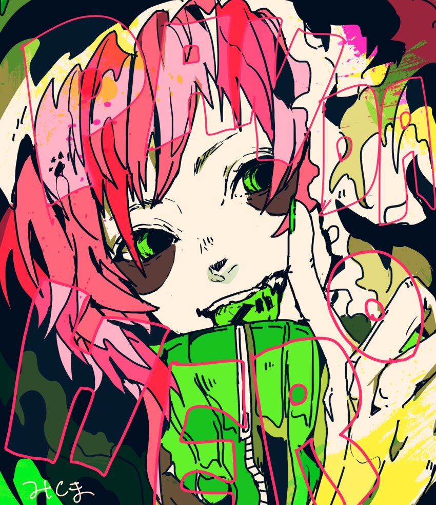 1girl 3kuma alternate_hair_color colored_tongue down_jacket green_eyes green_jacket green_nails green_tongue gumi highres hood hood_up hooded_jacket jacket looking_at_viewer mark_under_both_eyes panda panda_hero_(vocaloid) pink_hair pointing pointing_up short_hair smile solo song_name tongue tongue_out tongue_writing vocaloid