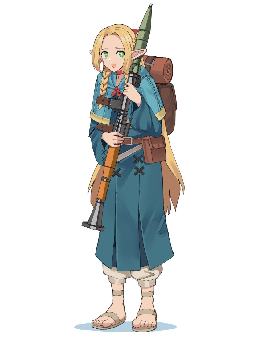1girl absurdres backpack bag blonde_hair blue_dress braid brown_bag dress dungeon_meshi gar32 green_eyes highres holding holding_weapon long_hair marcille_donato nervous pointy_ears rocket_launcher rpg rpg-7 rpg_(weapon) single_braid solo toeless_footwear toes weapon white_background