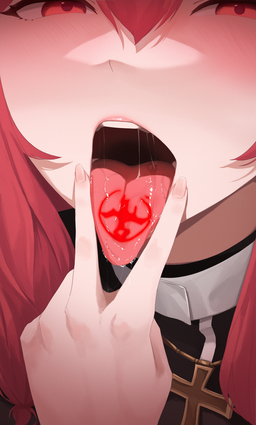 1girl absurdres black_robe blush brown_dust_(series) brown_dust_2 close-up commentary hair_between_eyes highres liberta_(brown_dust_2) liberta_(dark_saintess)_(brown_dust_2) lips long_hair looking_at_viewer nun open_mouth qazplm951 red_eyes red_hair robe rosary saliva saliva_trail sexually_suggestive solo teeth tongue tongue_out tongue_tattoo