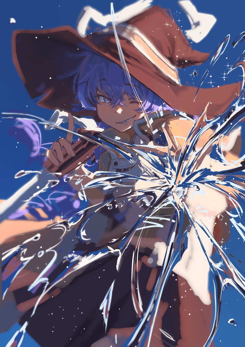 1girl absurdres blue_hair hat highres holding holding_staff hydrokinesis looking_at_viewer mushoku_tensei nekoyowaki one_eye_closed roxy_migurdia smile solo staff water witch_hat