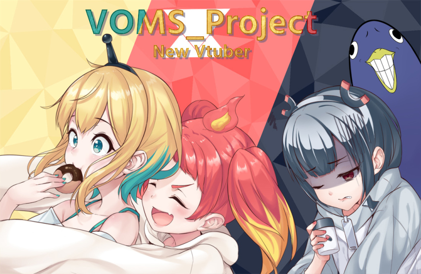 3girls :d amano_pikamee animal aqua_eyes bare_shoulders bird black_hair black_hairband blonde_hair blue_hair blue_nails blush bottle clenched_teeth closed_eyes collarbone commentary_request copyright_name donut eating fang food grin gyari_(bird) hairband hikasa_tomoshika holding holding_bottle holding_food hood hood_down hoodie hug hug_from_behind jacket jitomi_monoe long_sleeves magnet multicolored_hair multiple_girls nail_polish off-shoulder_shirt off_shoulder one_eye_closed open_mouth puffy_long_sleeves puffy_sleeves red_eyes red_hair shaded_face shirt smile teeth tenneko_yuuri two-tone_hair upper_body virtual_youtuber voms white_hoodie white_jacket white_shirt