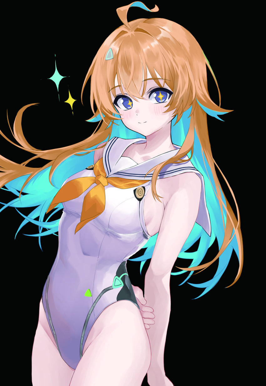 1girl absurdres ahoge aqua_eyes aqua_hair black_background breasts closed_mouth cowboy_shot highres leotard long_hair looking_at_viewer multicolored_hair neckerchief orange_hair orange_neckerchief ralmia_(shadowverse) ritaiya sailor_collar shadowverse simple_background smile solo sparkle two-tone_hair white_leotard white_sailor_collar