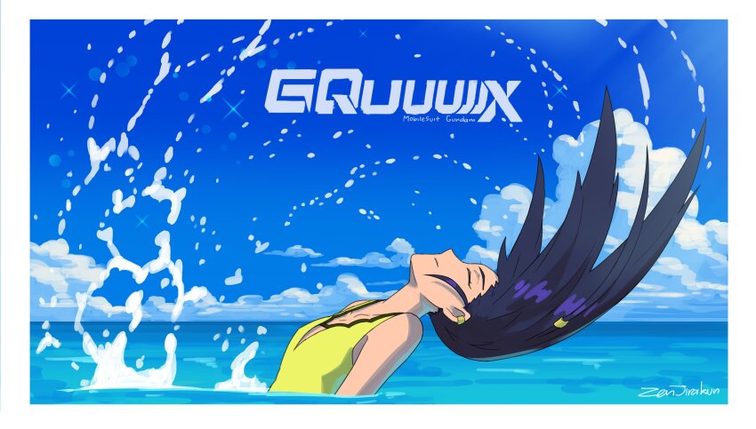 1girl absurdres artist_name black_hair closed_eyes cloud cloudy_sky collarbone commentary copyright_logo copyright_name cumulonimbus_cloud day english_commentary gundam gundam_gquuuuuux highres long_hair nyaan_(gundam_gquuuuuux) ocean one-piece_swimsuit outdoors signature sky solo swimming swimsuit water water_drop yellow_one-piece_swimsuit zen_(jirakun)