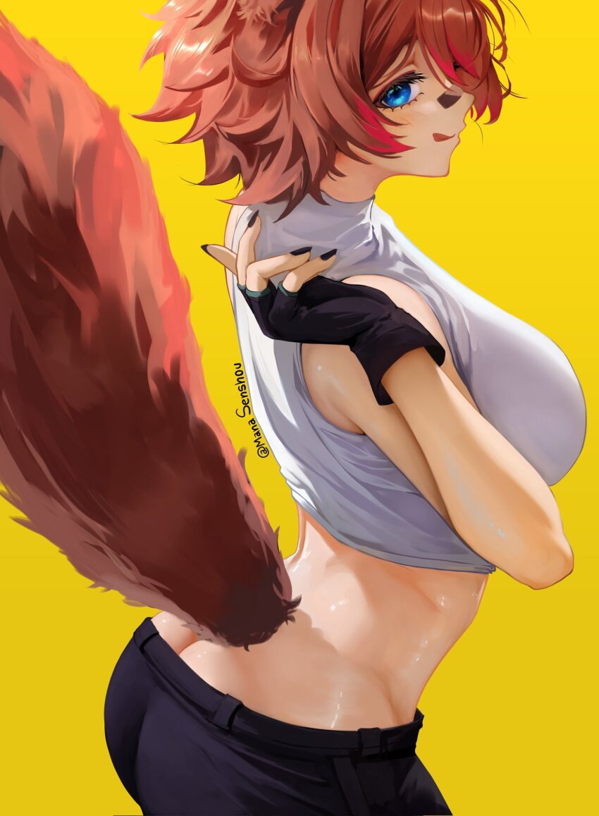 1girl animal_ears arched_back artist_name ass bare_shoulders black_gloves black_nails black_shorts blue_eyes blush breasts brown_hair butt_crack closed_mouth cowboy_shot cropped_shirt eyebrows eyelashes female_focus fingerless_gloves fingernails from_above from_side gloves highres indie_virtual_youtuber large_breasts looking_at_viewer looking_to_the_side looking_up mana_(manasenshou) midriff multicolored_hair nail_polish profile raccoon_ears raccoon_girl raccoon_tail rakkun_sutaru rakkun_sutaru_(4th_costume) red_hair shirt short_hair shorts simple_background sleeveless sleeveless_shirt smile solo standing streaked_hair tail tongue tongue_out two-tone_hair virtual_youtuber white_shirt yellow_background