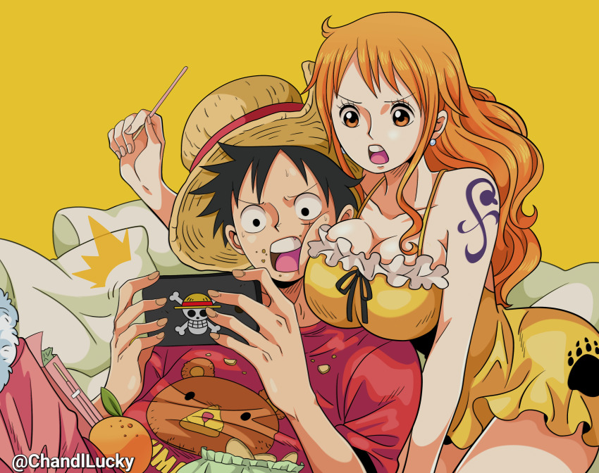 1boy 1girl absurdres bare_arms bare_shoulders black_hair breast_press breasts breasts_on_shoulders chandllucky cheek_press cleavage collarbone commentary cowboy_shot dress earrings english_commentary food food_on_face frilled_dress frills fruit fur-trimmed_shorts fur_trim hat highres holding holding_food holding_phone holding_pocky jewelry jolly_roger large_breasts leaning_on_person long_hair mandarin_orange monkey_d._luffy nami_(one_piece) one_piece open_mouth orange_eyes orange_hair pearl_earrings phone pillow pink_shorts playing_games pocky red_shirt shirt short_hair shorts shoulder_tattoo single_sidelock sitting spaghetti_strap straw_hat straw_hats_jolly_roger sweatdrop tattoo teeth twitter_username upper_body upper_teeth_only wavy_hair yellow_background yellow_dress