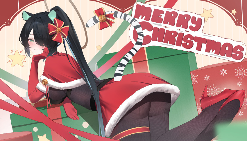 1girl absurdres animal_ears aqua_eyes bell black_hair bodystocking box breasts capelet closed_mouth elbow_gloves erina_makina fur-trimmed_capelet fur-trimmed_gloves fur-trimmed_skirt fur_trim gift gift_box gloves hair_over_one_eye high_heels highres phase_connect ponytail red_gloves red_ribbon red_shoes red_skirt ribbon shoes skirt star_(symbol) tail thigh_strap tiger_ears tiger_girl tiger_tail virtual_youtuber yuuki02
