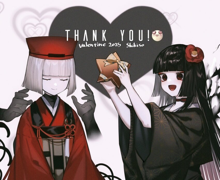 2025 2girls albino_(a1b1n0623) black_eyes black_hair black_kimono blunt_bangs breasts chocolate choker closed_eyes eyeliner fate/grand_order fate_(series) flower ghost_hands grey_hair hair_flower hair_ornament hat highres japanese_clothes kimono komahime_(fate) long_hair long_sleeves makeup multiple_girls obi open_mouth red_hat red_kimono sash sen_no_rikyu_(fate) sen_no_rikyu_(first_ascension)_(fate) short_hair small_breasts smile star-shaped_chocolate tassel valentine very_long_hair wide_sleeves