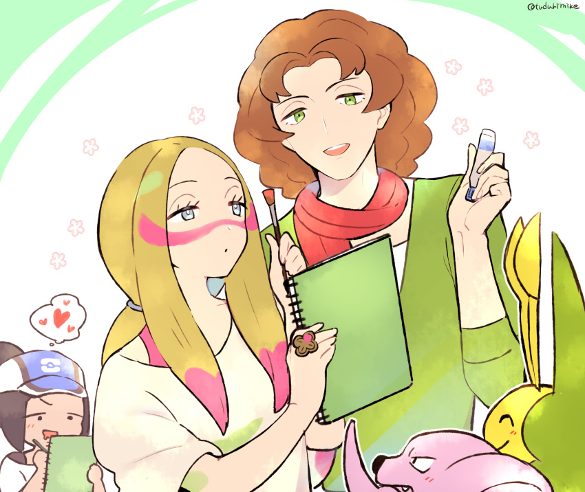 1boy 2girls absurdres baseball_cap bettie_(pokemon) blonde_hair blue_headwear blush bright_pupils brown_hair burgh_(pokemon) commentary_request drooling facepaint gen_2_pokemon gen_5_pokemon granbull green_eyes green_shirt grey_eyes hair_bun hat heart highres holding leavanny long_hair medium_hair mina_(pokemon) mouth_drool multiple_girls nintendo notepad parted_bangs pokemon pokemon_(creature) pokemon_bw pokemon_masters_ex pokemon_sm red_scarf scarf shirt short_sleeves single_hair_bun speech_bubble thought_bubble tudurimike twitter_username undershirt wavy_hair white_shirt