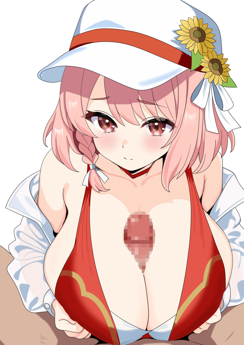1boy 1girl absurdres bikini blush braid breasts breasts_squeezed_together censored choker cleavage closed_mouth collarbone commission fire_emblem fire_emblem_engage flower hair_ribbon hat highres huge_breasts lapis_(fire_emblem) long_sleeves medium_hair mosaic_censoring myapanpan nintendo paizuri penis pink_eyes pink_hair red_bikini red_choker ribbon shirt simple_background skeb_commission solo_focus sunflower swimsuit white_background white_bikini white_hat white_ribbon white_shirt