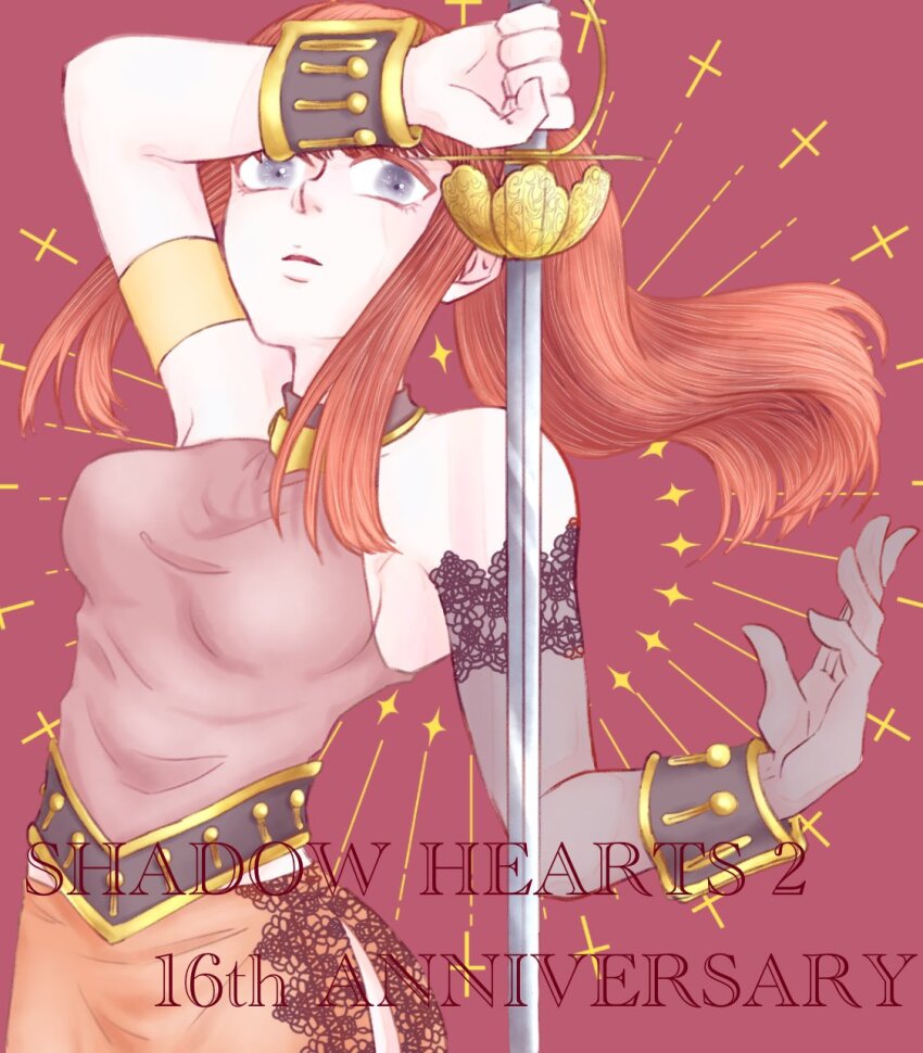 1girl anniversary armlet bare_shoulders blue_eyes breasts copyright_name gloves highres jewelry karin_koenig long_hair looking_at_viewer medium_breasts open_mouth ponytail red_hair shadow_hearts shadow_hearts_ii single_glove solo sword tetetetero~ weapon