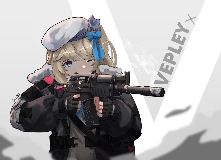 12-gauge 1girl aiming beret black_gloves black_jacket blonde_hair blue_bow blue_eyes bow commentary commission english_commentary finger_on_trigger fingerless_gloves gar32 girls&#039;_frontline girls&#039;_frontline_2:_exilium gloves grey_shirt gun hair_bow hat heart highres holding holding_gun holding_weapon izhmash jacket kalashnikov_concern molot molot-oruzhie molot_weapons one_eye_closed one_side_up open_clothes open_jacket semi-automatic_shotgun shell_casing shirt shotgun shotgun_shell solo upper_body vepley_(girls&#039;_frontline_2) vepr-12 vyatskiye_polyany_machine-building_plant weapon white_hat
