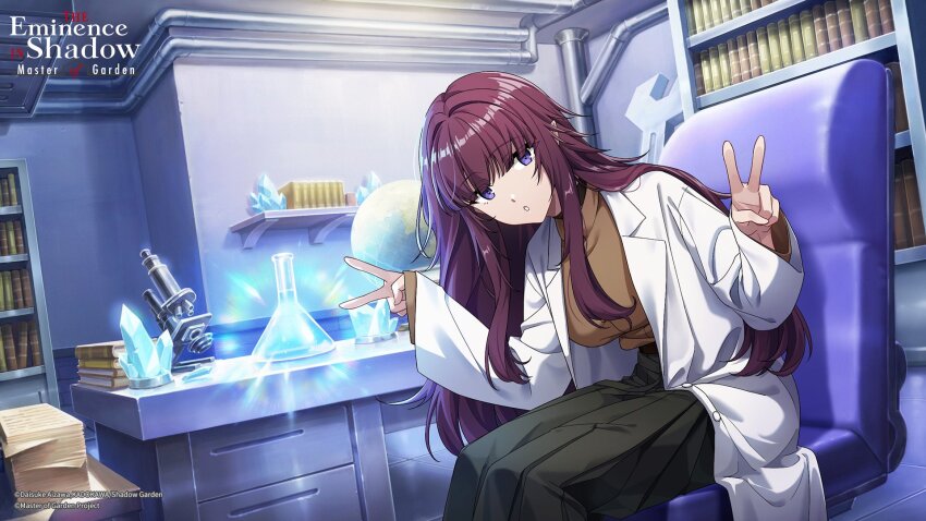 1girl artist_request black_skirt book bookshelf breasts brown_sweater coat copyright_notice crystal double_v erlenmeyer_flask eta_(kage_no_jitsuryokusha_ni_naritakute!) flask globe highres kage_no_jitsuryokusha_ni_naritakute! kage_no_jitsuryokusha_ni_naritakute!_master_of_garden lab_coat leaning_forward logo long_hair long_skirt microscope official_art open_clothes open_coat paper_stack pleated_skirt pointy_ears purple_eyes purple_hair sitting skirt solo sweater v white_coat
