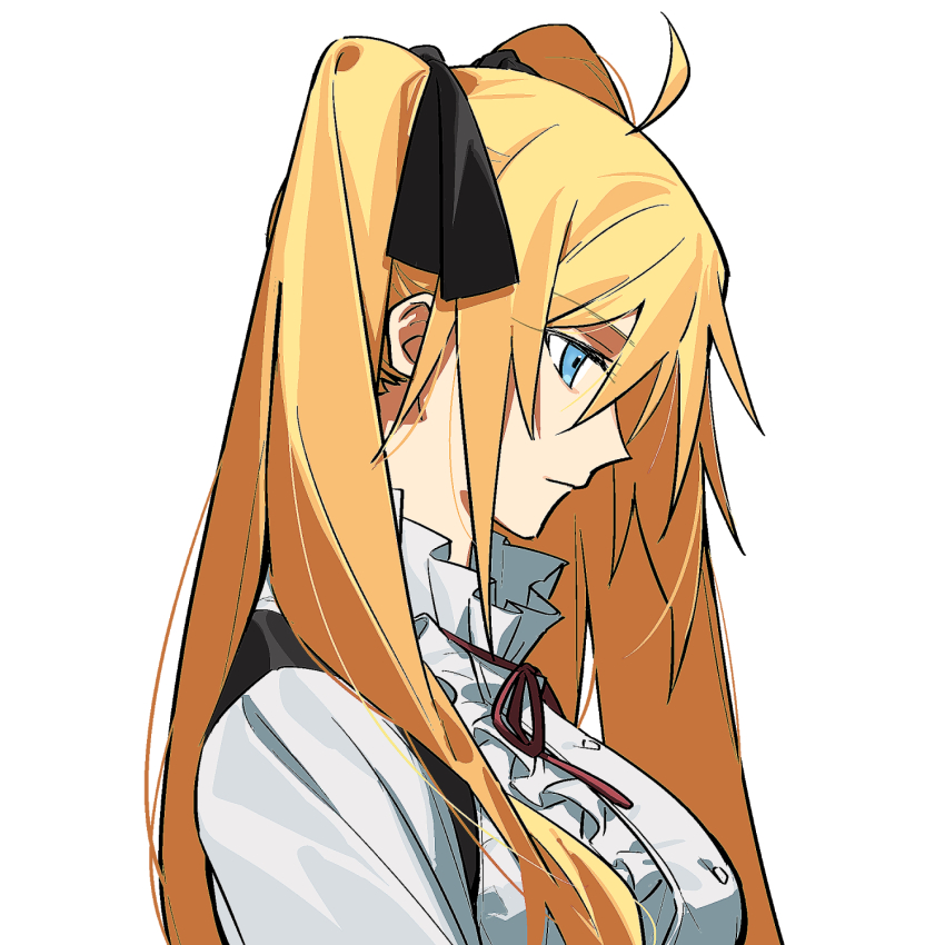 1girl ahoge angelica_ainsworth black_ribbon blonde_hair blue_eyes breasts chietori closed_mouth fate/kaleid_liner_prisma_illya fate_(series) frilled_shirt frills from_side hair_between_eyes hair_ribbon highres long_hair looking_down neck_ribbon profile red_ribbon ribbon shirt simple_background solo takeuchi_takashi_(style) twintails upper_body white_background white_shirt