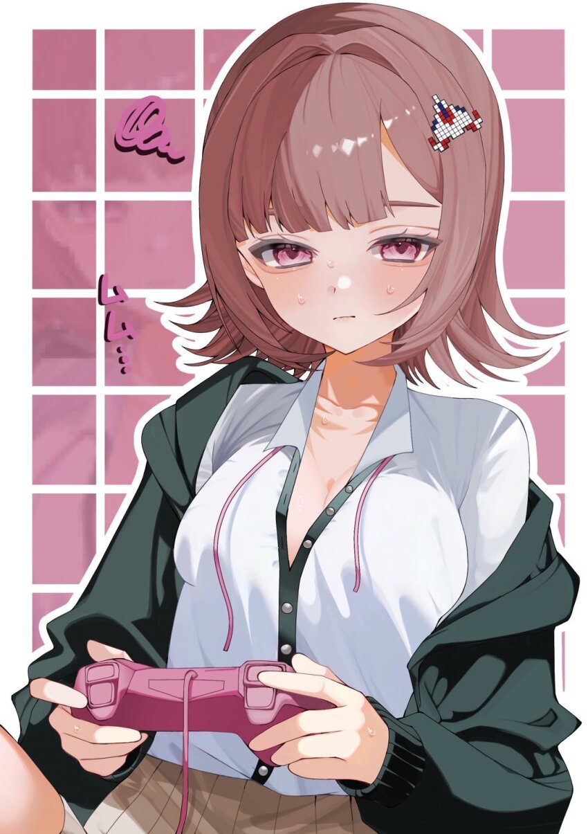 1girl blush breasts brown_hair brown_skirt cleavage closed_mouth collared_shirt controller danganronpa_(series) danganronpa_2:_goodbye_despair flipped_hair galaga game_controller hair_ornament highres holding holding_controller holding_game_controller jacket long_sleeves looking_at_viewer medium_hair nanami_chiaki neck_ribbon open_clothes open_jacket pink_eyes pink_ribbon pleated_skirt ribbon sa_bu_ibo shirt skirt smile solo two-tone_shirt white_shirt