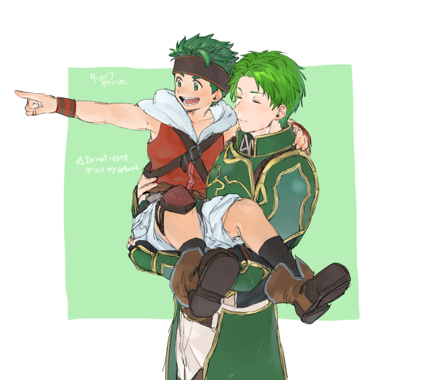 2boys 91007 :d aged_down ankle_boots arm_around_neck armor artist_name belt black_socks boots boyd_(fire_emblem) boyd_(future_great)_(fire_emblem) breastplate brothers brown_belt brown_headband carrying carrying_person chest_belt child child_carry closed_eyes closed_mouth collarbone commentary_request crossed_belts faulds fire_emblem fire_emblem:_path_of_radiance fire_emblem_heroes green_armor green_background green_eyes green_hair headband male_focus multiple_belts multiple_boys nintendo open_mouth oscar_(fire_emblem) pointing red_shirt shirt short_hair shorts siblings simple_background sleeveless sleeveless_shirt smile socks teeth time_paradox twitter_username two-tone_background vambraces watermark white_background white_shorts wristband