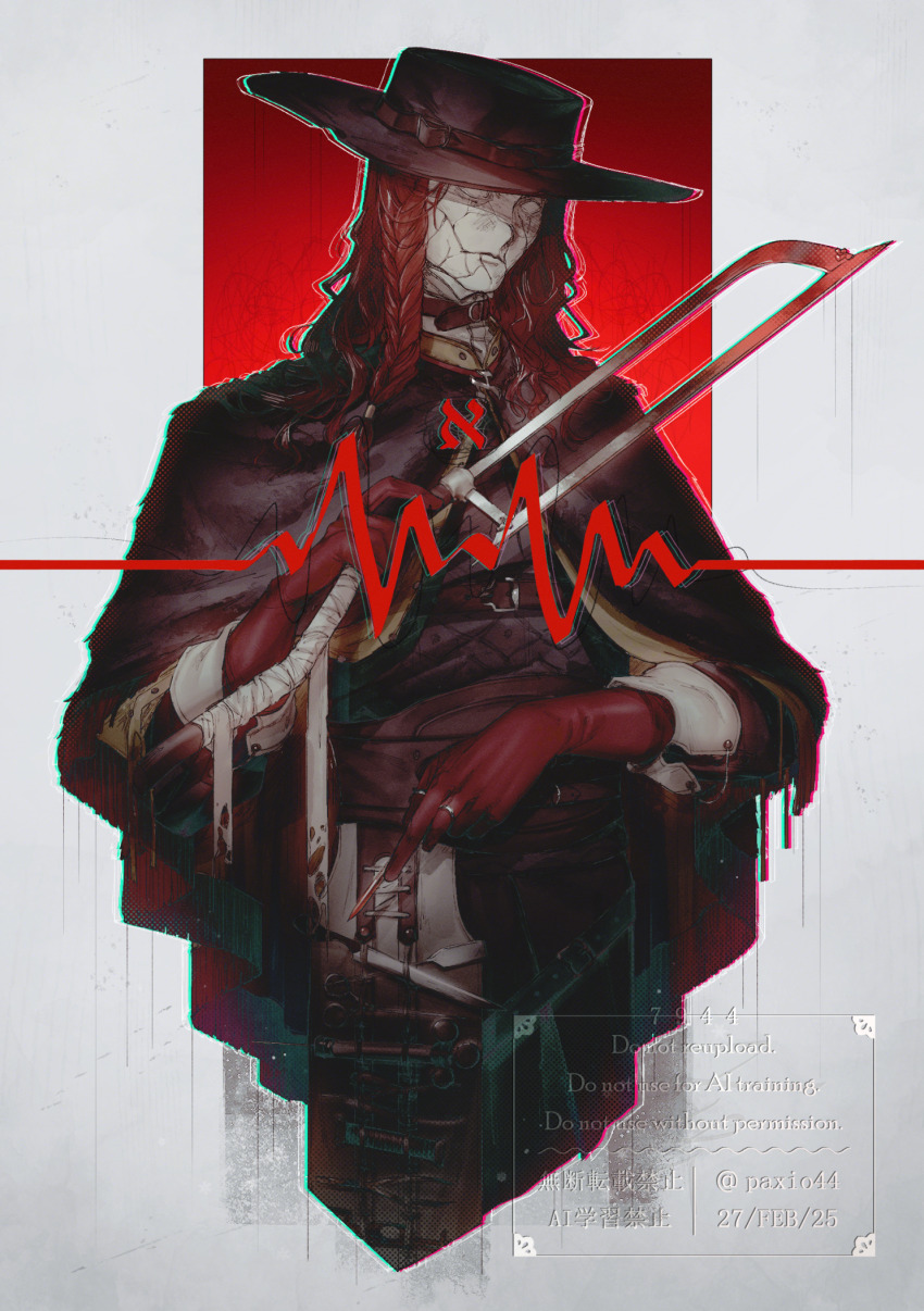 1boy aleph_(reverse:1999) black_cape black_hat black_shirt broken_mask cape cardiogram cropped_torso gloves grey_background hacksaw hand_up hat highres holding_saw holding_scalpel long_hair male_focus mask merlin_(reverse:1999) paxio44 red_gloves red_hair reverse:1999 saw scalpel shirt solo surgical_scissors syringe tool_kit upper_body watermark
