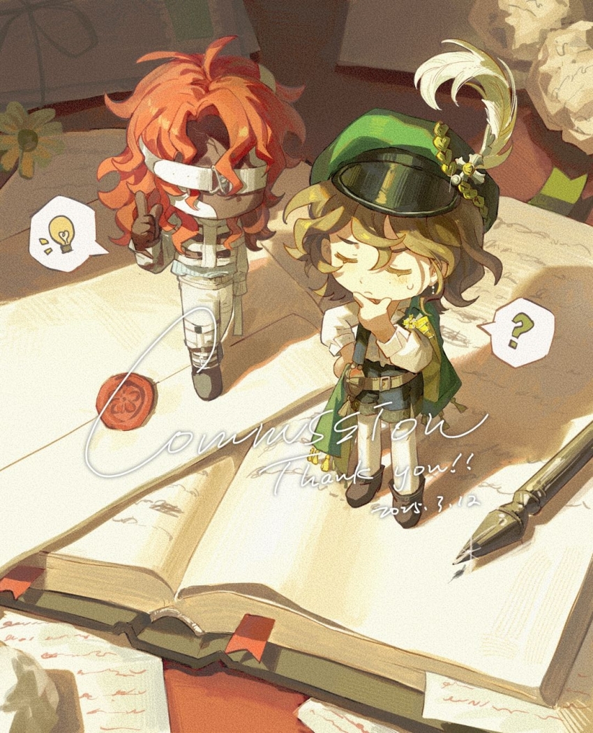 1boy 1girl ? aleph_(reverse:1999) black_gloves black_mask black_shorts black_vest book bookmark boots brown_boots brown_hair cabbie_hat cape chibi closed_eyes commission covered_face dated dongfang_shuyechu envelope gloves green_cape green_hat hand_on_own_chin hand_on_own_hip hand_up hat hat_feather highres index_finger_raised jacket light_bulb long_hair mini_person miniboy minigirl open_book pants pantyhose paper pen recoleta_(reverse:1999) red_hair reverse:1999 shirt short_hair short_shorts shorts side_cape speech_bubble spoken_light_bulb spoken_question_mark stroking_own_chin thank_you thinking vest wax_seal white_jacket white_pants white_pantyhose white_shirt