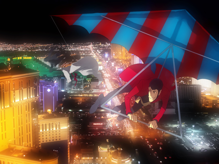1boy arsene_lupin_iii bad_id bad_pixiv_id brown_hair casino city faddawdle hang_gliding highres jacket lupin_iii male_focus necktie night photo_background red_jacket short_hair sideburns solo tms_entertainment yellow_necktie