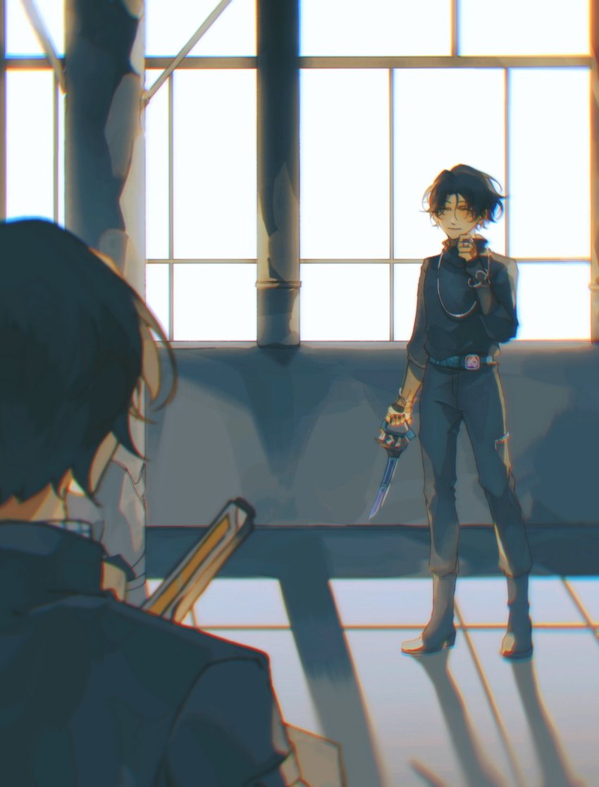 2boys bat_(animal) bat_genome battle bishounen black_footwear black_hair black_pants black_shirt boots closed_eyes cyuer11 goth_fashion highres igarashi_daiji imminent_fight jewelry kagerou_(kamen_rider_revice) kamen_rider kamen_rider_revice male_focus multiple_boys necklace pants rivalry see-through_clothes see-through_sleeves shadow shirt short_hair solo_focus spoilers two_sidriver