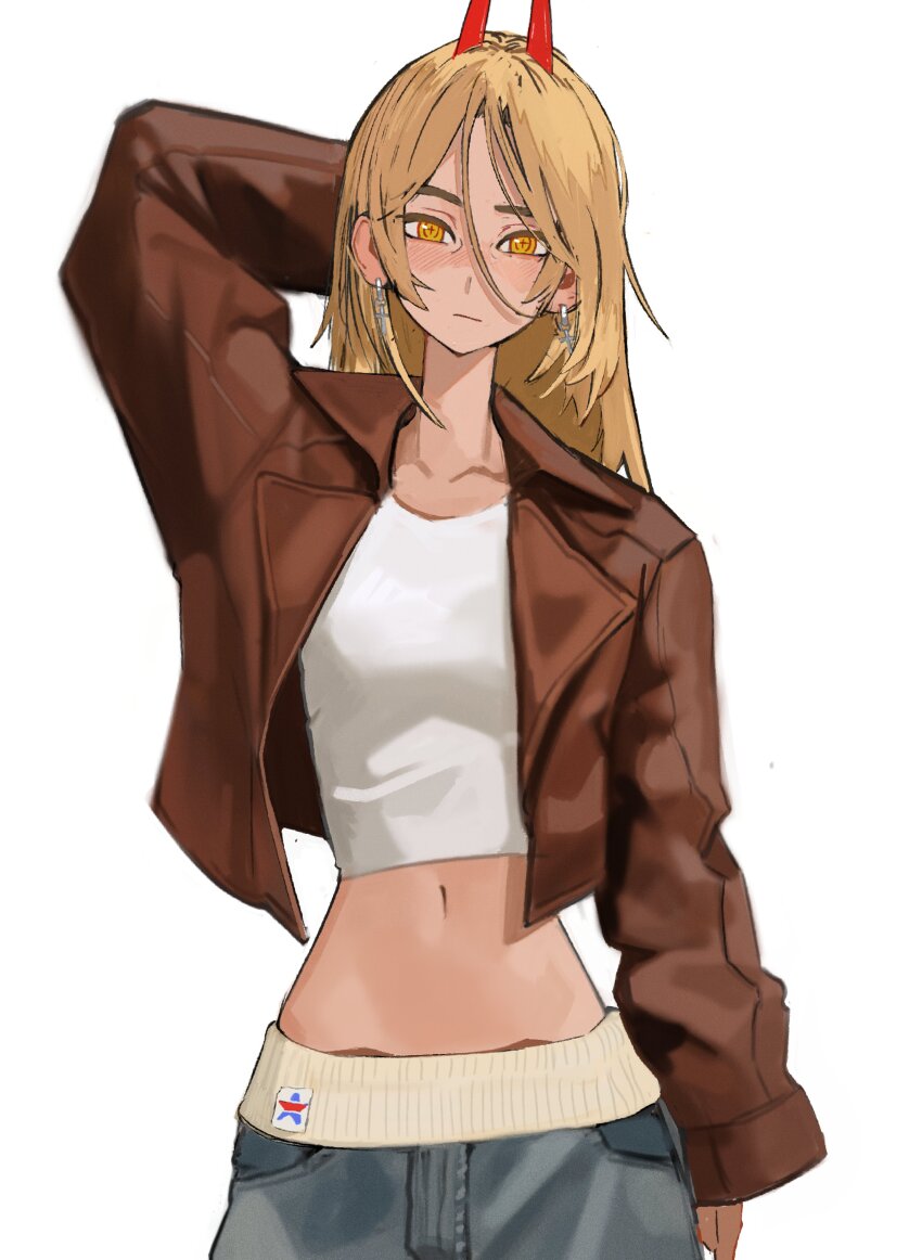 1girl absurdres arm_behind_back blonde_hair brown_jacket chainsaw_man collarbone commentary crop_top cross-shaped_pupils demon_girl demon_horns earrings english_commentary expressionless grey_pants highres horns jacket jewelry long_hair looking_at_viewer midriff navel pants power_(chainsaw_man) simple_background solo symbol-shaped_pupils tank_top tefi_blum white_background white_tank_top yellow_eyes