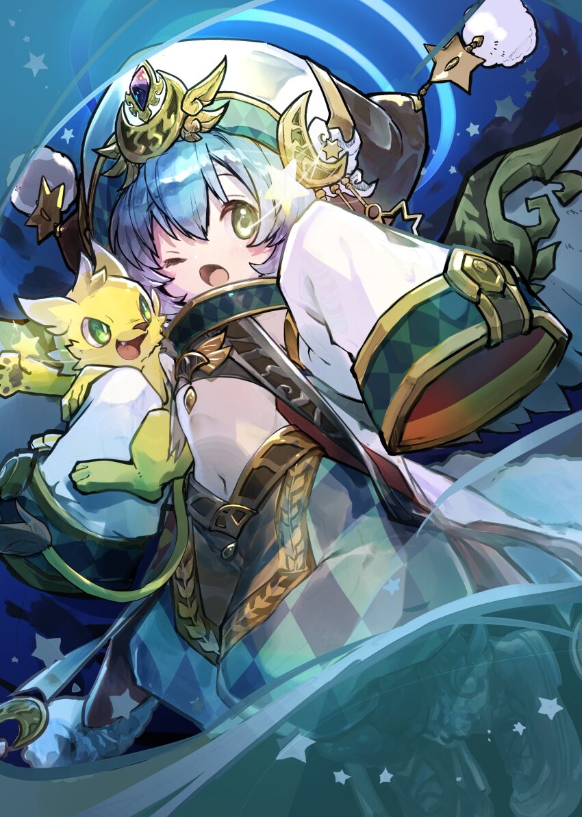 1girl absurdres argyle_clothes argyle_pants blue_hair crescent famiel_(p&amp;d) green_eyes hat highres long_sleeves navel one_eye_closed pants pikatiu puffy_pants puzzle_&amp;_dragons short_hair sleeves_past_fingers sleeves_past_wrists solo star_(symbol) turban white_hat white_wings wide_sleeves wings