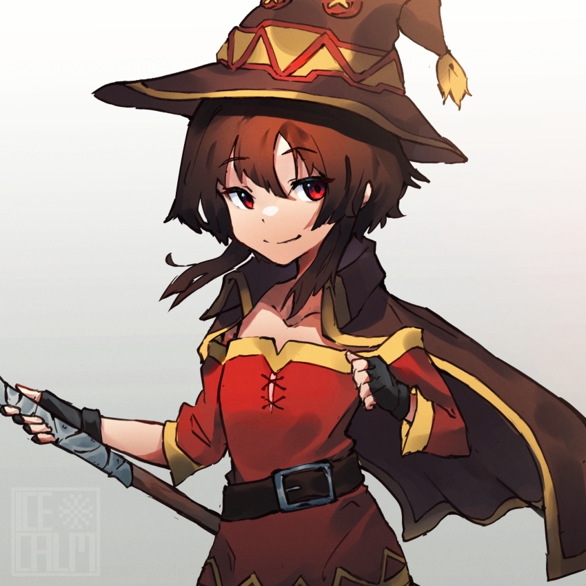 1girl belt belt_buckle black_cape black_gloves brown_belt brown_hair buckle cape collarbone commentary dress fingerless_gloves floating_hair gloves gradient_background grey_background hair_between_eyes hat highres holding holding_staff ice_calm kono_subarashii_sekai_ni_shukufuku_wo! looking_at_viewer megumin off-shoulder_dress off_shoulder outstretched_arms red_dress red_eyes romaji_commentary short_hair short_hair_with_long_locks sidelocks smile solo staff upper_body white_background wind witch_hat