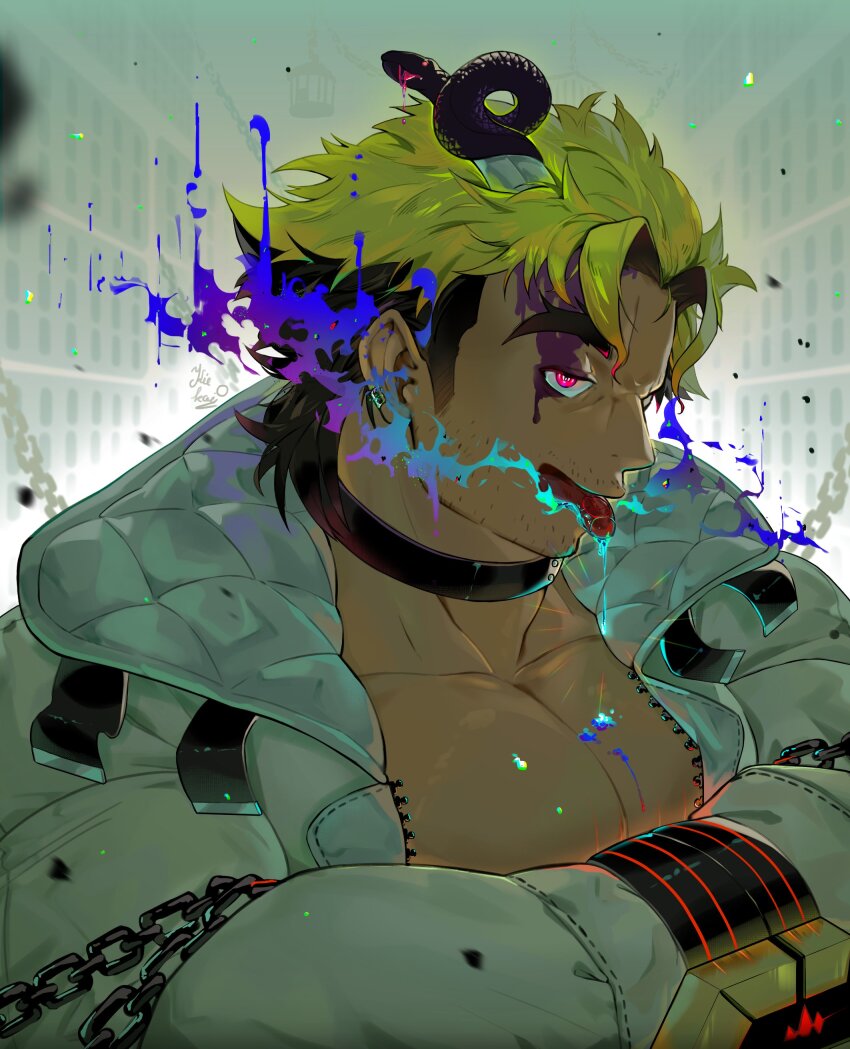 1boy absurdres bara blonde_hair chain choker dark_skin ear_piercing facial_hair glowing glowing_eye highres horns kiekoio large_pectorals loki_(housamo) looking_at_viewer medium_sideburns mouth_trail muscular muscular_male pectoral_cleavage pectorals piercing prison prisoner saliva self-upload sideburns_stubble single_horn solo straitjacket stubble tokyo_houkago_summoners tongue tongue_out tsurime