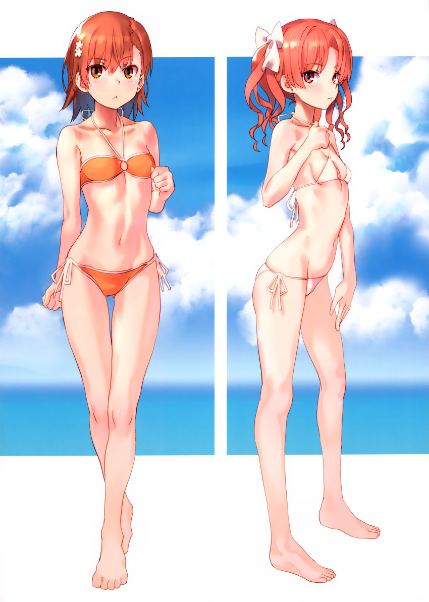 2020 20s 2girls :&lt; absurdres bare_legs bare_shoulders barefoot bikini bow breasts brown_eyes brown_hair cleft_of_venus collarbone flower full_body gluteal_fold hair_bow hair_flower hair_ornament halterneck highres horizon light_blush long_hair looking_at_viewer matching_hair/eyes misaka_mikoto multiple_girls navel ocean official_alternate_costume orange_bikini outdoors raika9 ribs scan shirai_kuroko short_hair sky small_breasts standing stomach string_bikini swimsuit toaru_kagaku_no_railgun toaru_majutsu_no_index toes white_bikini white_bow
